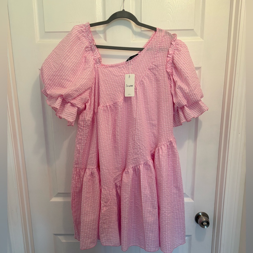 Simplee Pink and White Puff-Sleeve Seersucker Tunic Dress Women’s Size XL